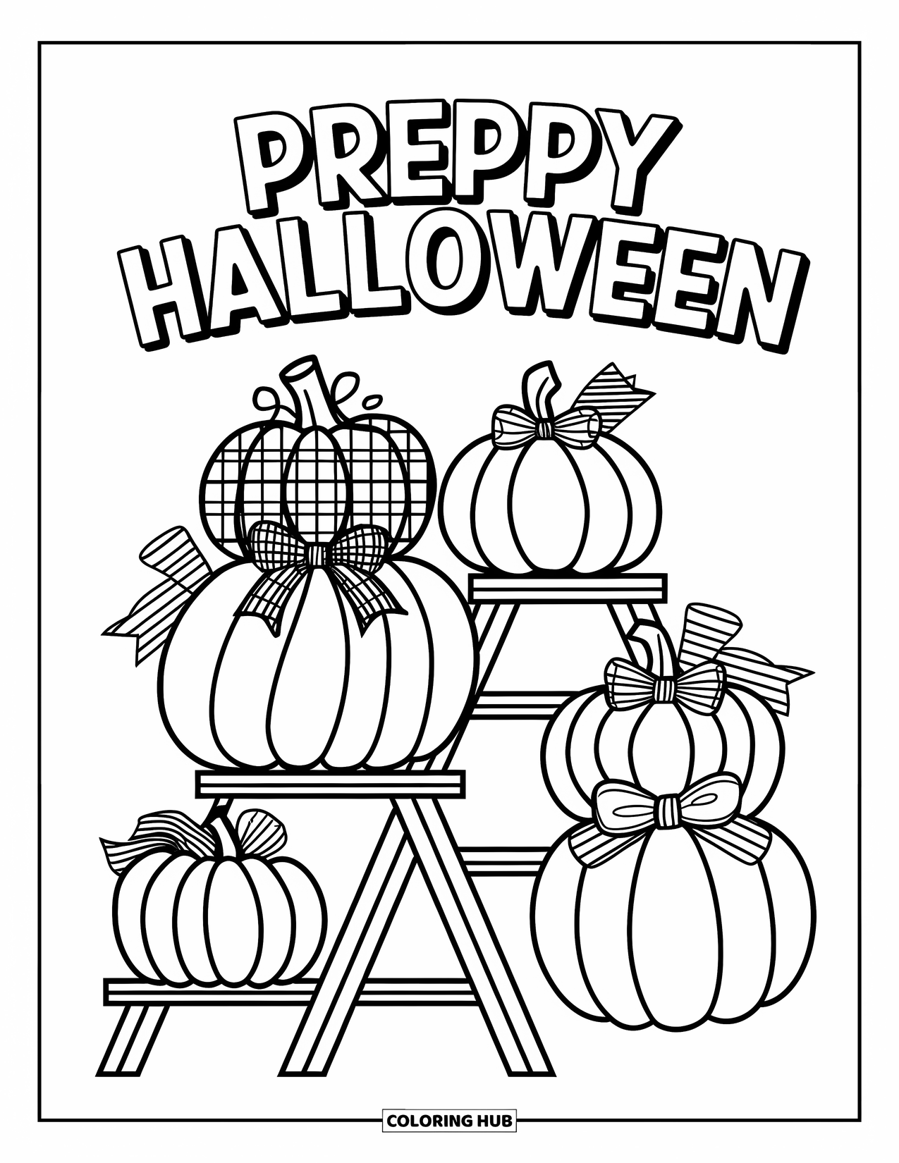 Preppy Halloween Coloring Page for Kids: Stacked pumpkins with plaid and bow details spell out "Preppy Halloween"