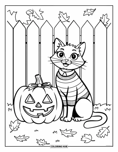 Preppy-Halloween-Ausmalbild für Kinder: Eine gestreifte Katze ruht neben einem Kürbis mit Schleife neben einem Holzzaun
