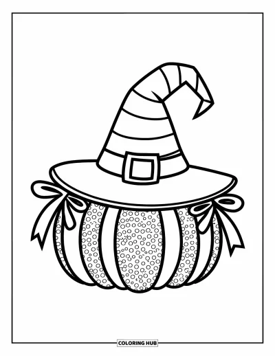 Preppy-Halloween-Ausmalbild für Kinder: Ein gestreifter Hexenhut krönt einen gepunkteten Kürbis, der mit niedlichen Bändern gebunden ist