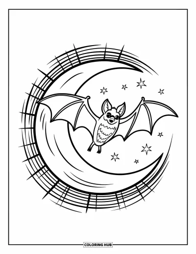 Preppy-Halloween-Ausmalbild für Kinder: Eine stilvolle Fledermaus fliegt über einen kariert geränderten Mond auf einem ausdrucksstarken, modernen Blatt