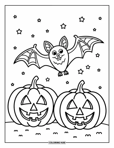 Preppy-Halloween-Ausmalbild für Kinder: Eine stilvolle Fledermaus mit detaillierten Flügeln fliegt über Kürbislaternen unter einem Sternenhimmel