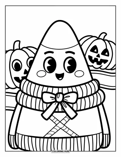 Preppy-Halloween-Ausmalbild für Kinder: Candy Corn im Pullover mit Schleife steht neben einer lächelnden Kürbislaterne