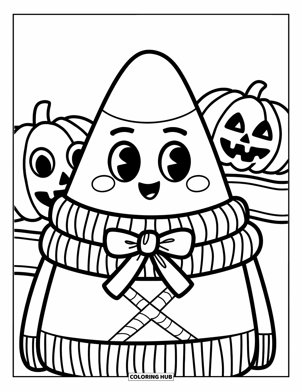 Preppy Halloween Coloring Page for Kids: Sweater-wearing candy corn with a bow stands near a smiling jack-o'-lantern