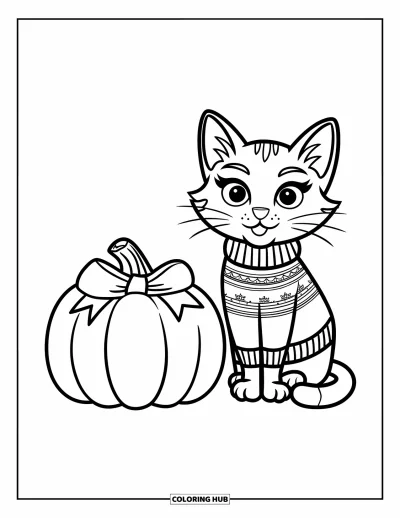 Preppy-Halloween-Ausmalbild für Kinder: Eine Katze im Pullover mit Schleife sitzt neben einem lächelnden Kürbis