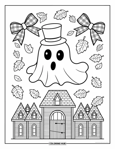 Preppy-Halloween-Ausmalbild für Kinder: Ein Gespenst mit Zylinder und gestreiftem Pullover schwebt neben karierten Schleifen und fallenden Blättern