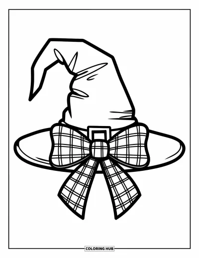 Preppy-Halloween-Ausmalbild für Kinder: Ein Hexenhut mit großer karierter Schleife liegt auf einem Holzständer