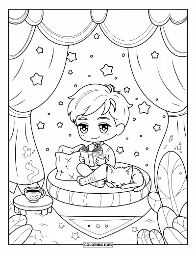 Coloriage de prince pour adultes : Un prince chibi lit un livre à côté d'un chaton et d'étoiles flottantes
