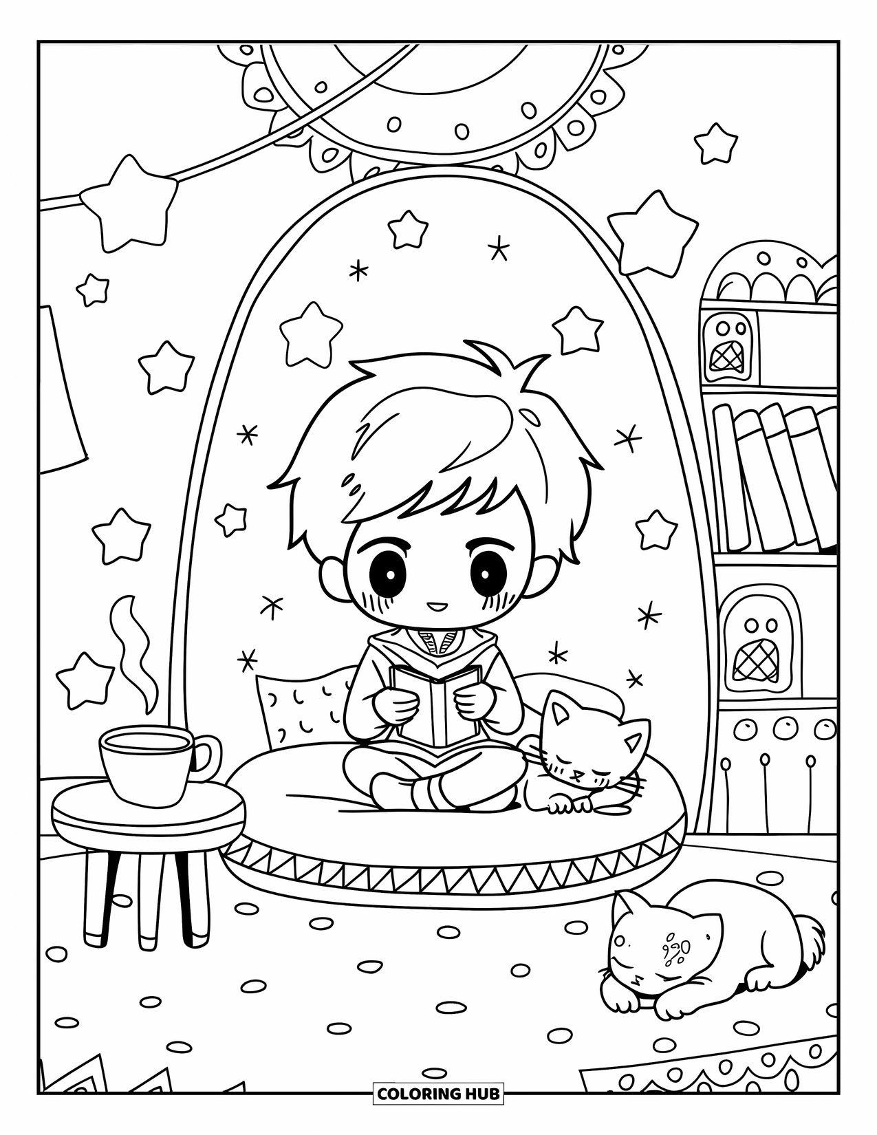 Prince Coloring Page for Adults: A chibi prince reads on a cushion with a kitten and floating stars
