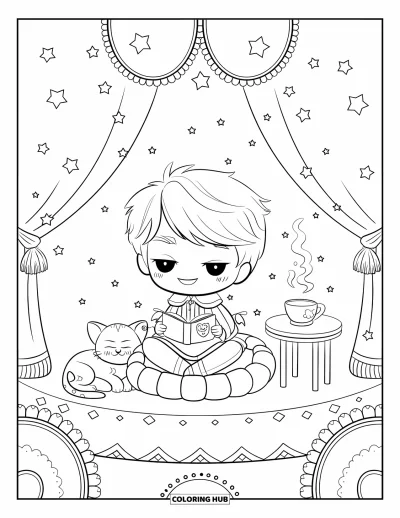 Coloriage de prince pour adultes : Un prince chibi est assis sur un coussin en train de lire avec un chaton à ses côtés