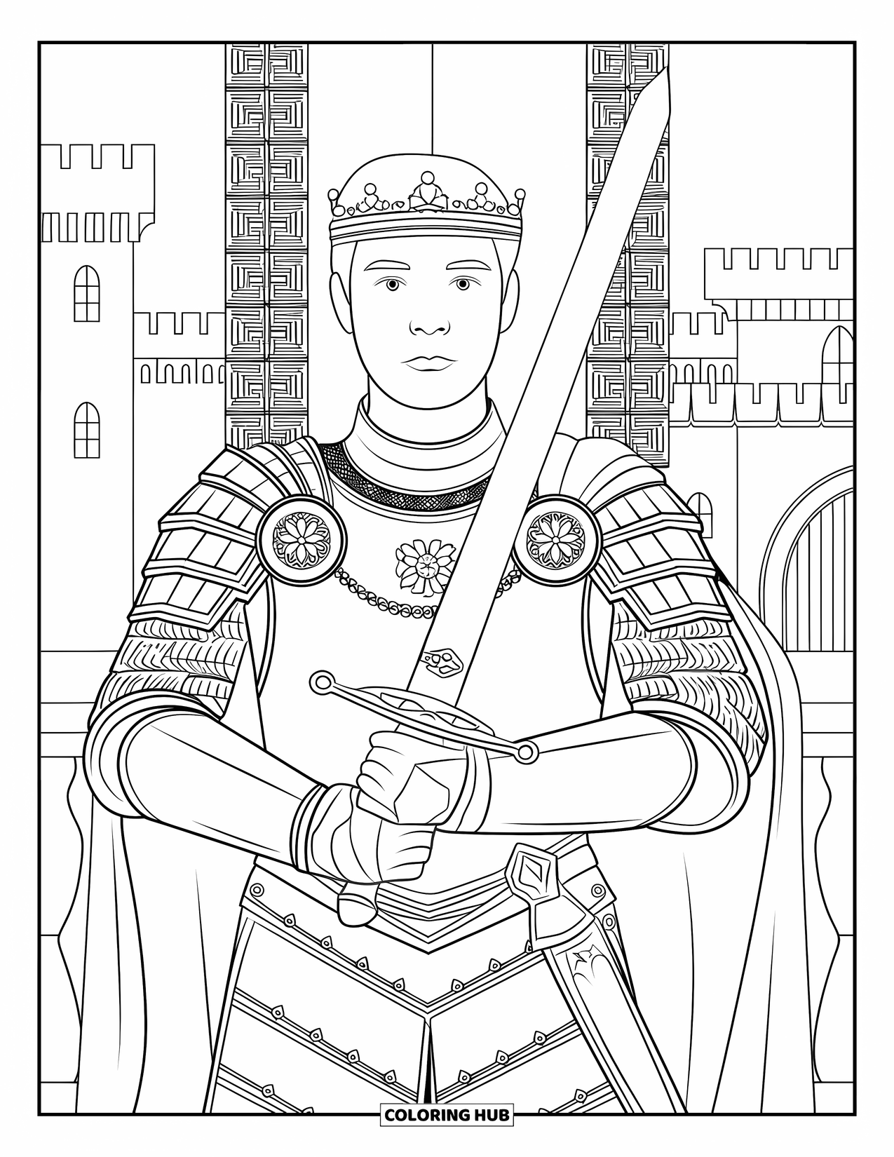 Prince Coloring Page for Adults: A crowned prince in armor holds a sword before patterned banners