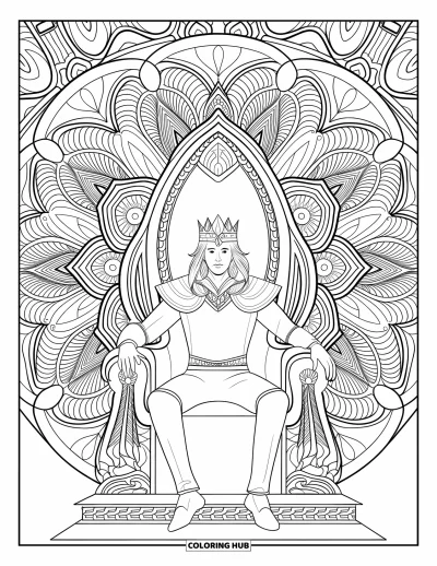 Coloriage de prince pour adultes : Un prince couronné est assis sur un trône entouré de motifs de mandalas détaillés