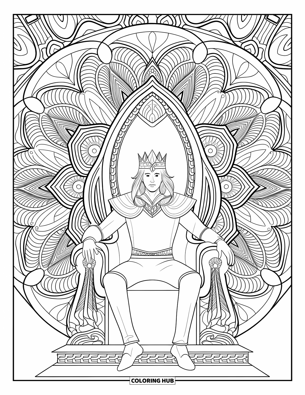 Prince Coloring Page for Adults: A crowned prince sits on a throne surrounded by detailed mandala patterns