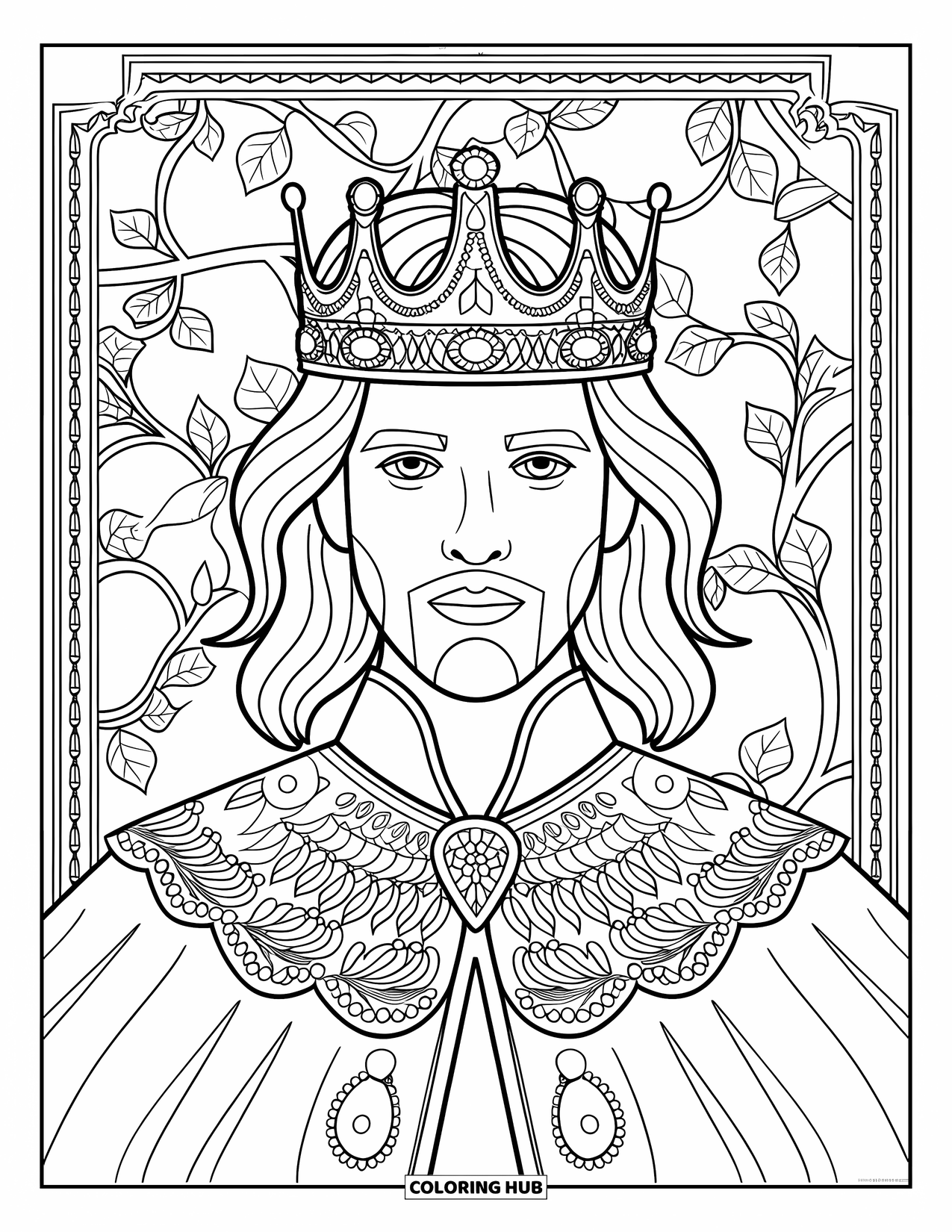 Prince Coloring Page for Adults: A crowned prince with long hair and cape framed by vines and leaves