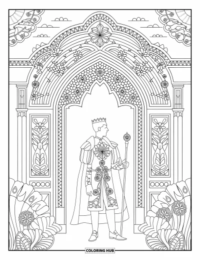 Coloriage de prince pour adultes : Un prince couronné avec sceptre se tient sous une arche fleurie aux détails élaborés