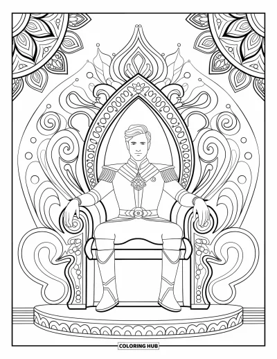 Coloriage de prince pour adultes : Un prince majestueux est assis sur un trône décoré entouré de motifs de mandalas