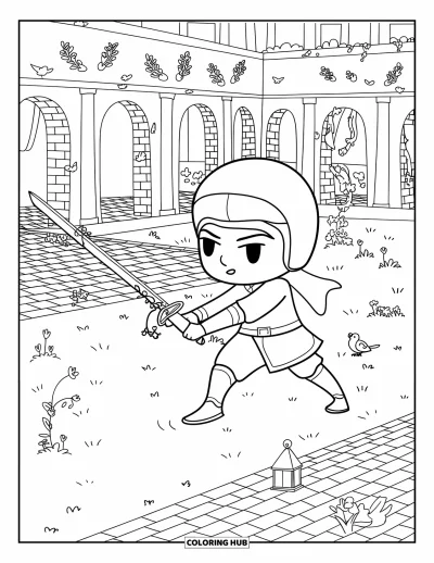 Coloriage de prince pour adultes : Un prince fait de l'escrime dans une cour avec des arches, des fleurs et une lanterne