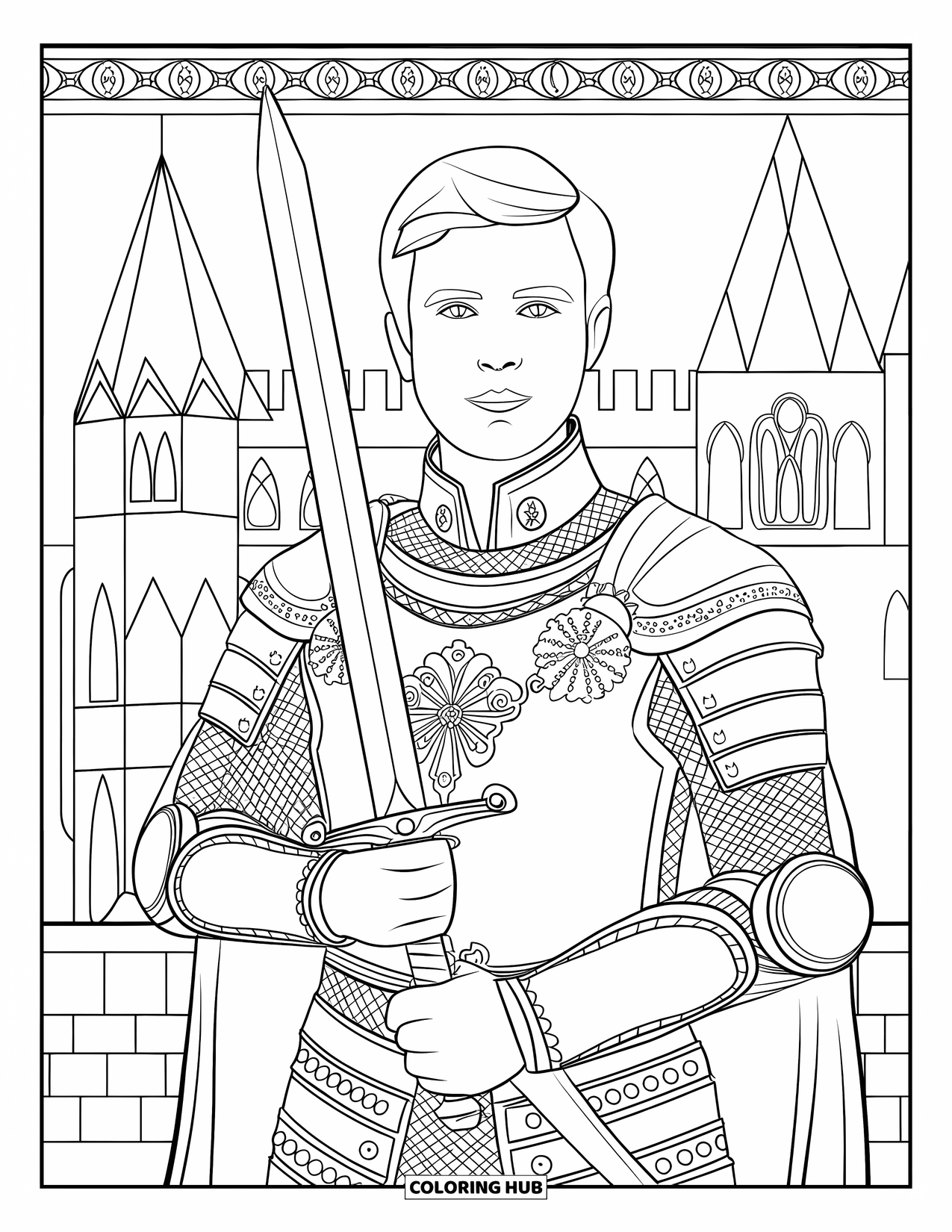 Prince Coloring Page for Adults: A prince in armor holds a sword before a castle with ornate towers