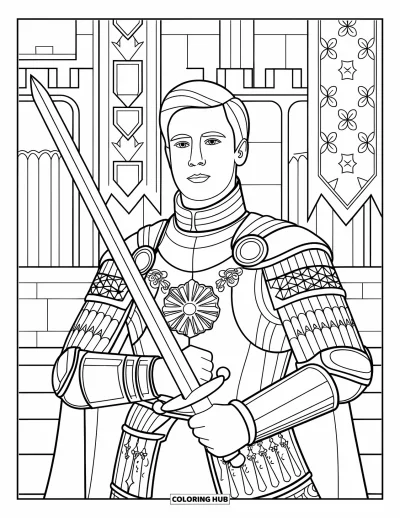 Coloriage de prince pour adultes : Un prince en armure de cérémonie tient une épée devant les bannières d'un château