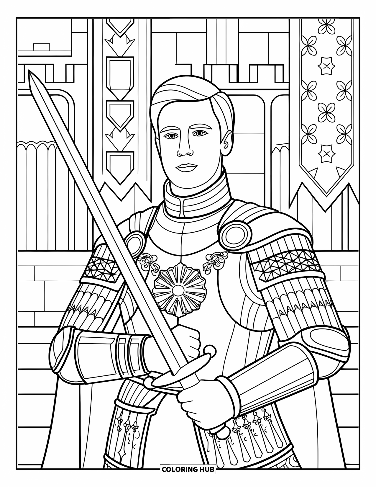 Prince Coloring Page for Adults: A prince in ceremonial armor holds a sword before castle banners