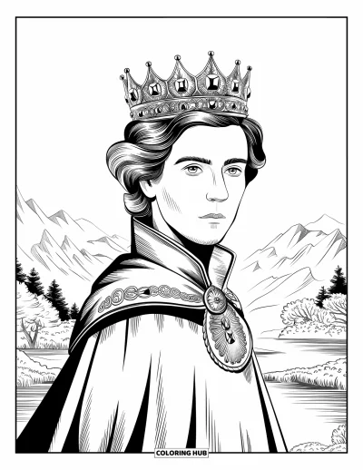 Coloriage de prince pour adultes : Un prince en couronne ornée et cape se tient devant un paysage paisible