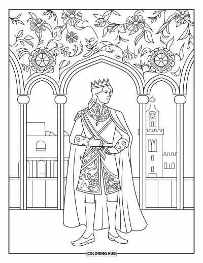 Coloriage de prince pour adultes : Un prince en robes ornées se tient sous une majestueuse arche fleurie