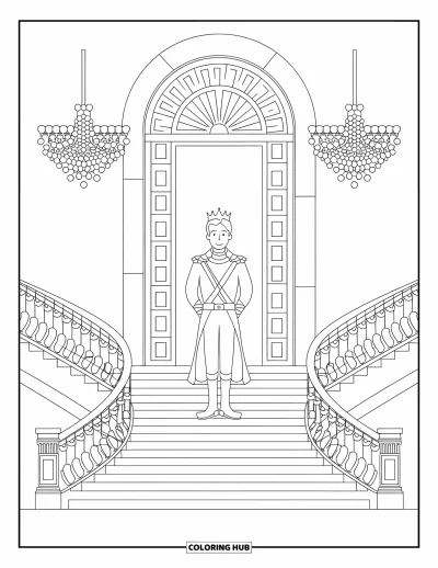 Coloriage de prince pour adultes : Un prince en tenue royale se tient sur un escalier devant une porte cintrée
