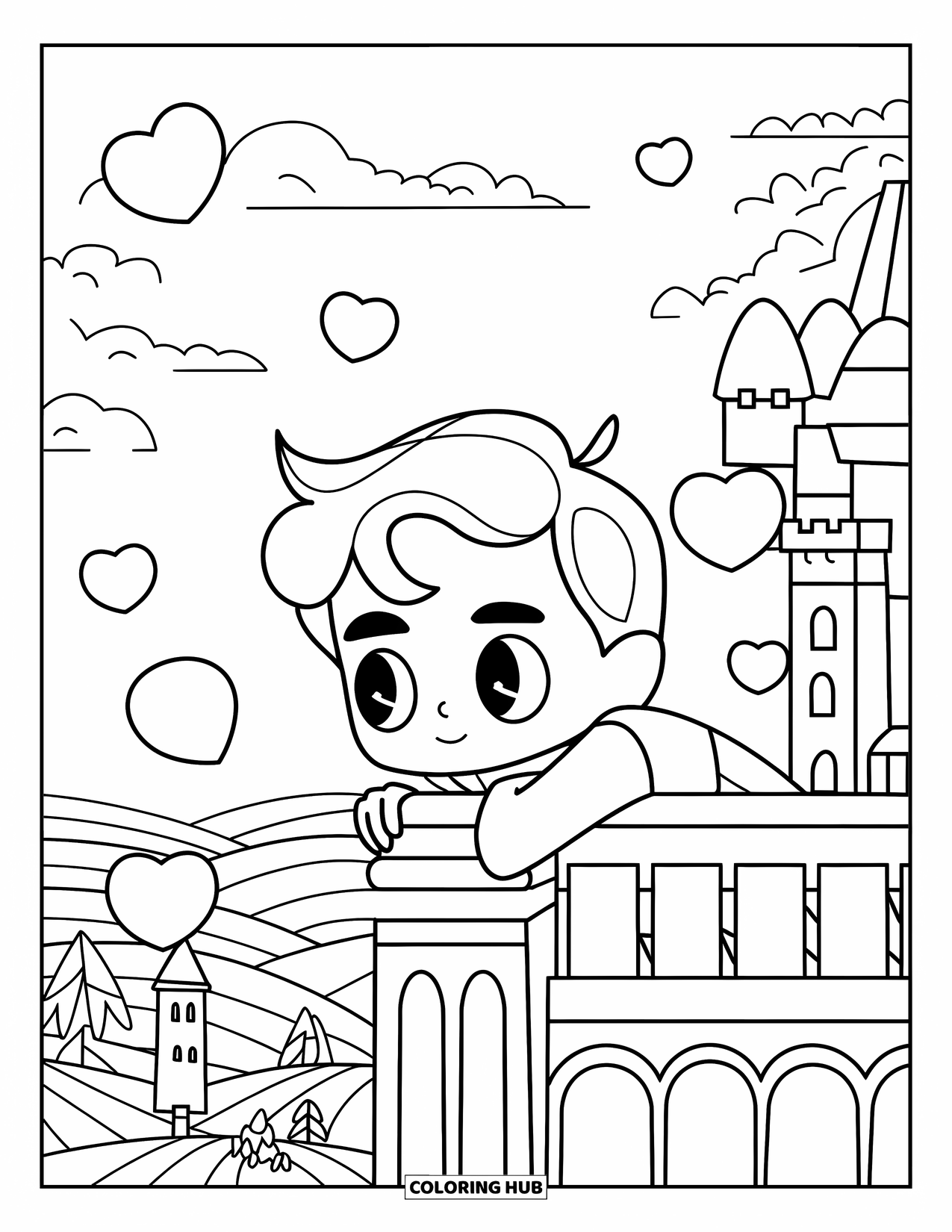 Prince Coloring Page for Adults: A prince leans over a balcony releasing heart-shaped lanterns into the sky