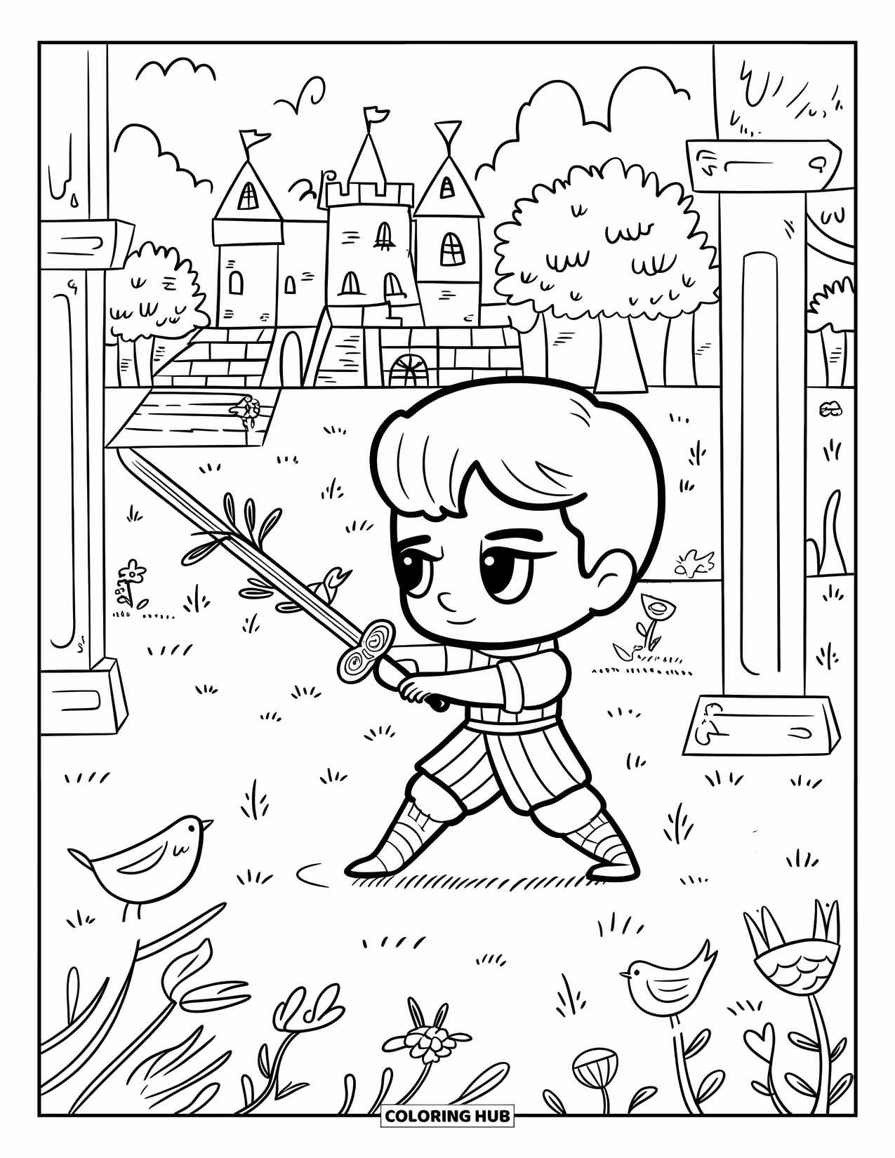 Prince Coloring Page for Adults: A prince practices fencing with a wooden sword decorated with vines