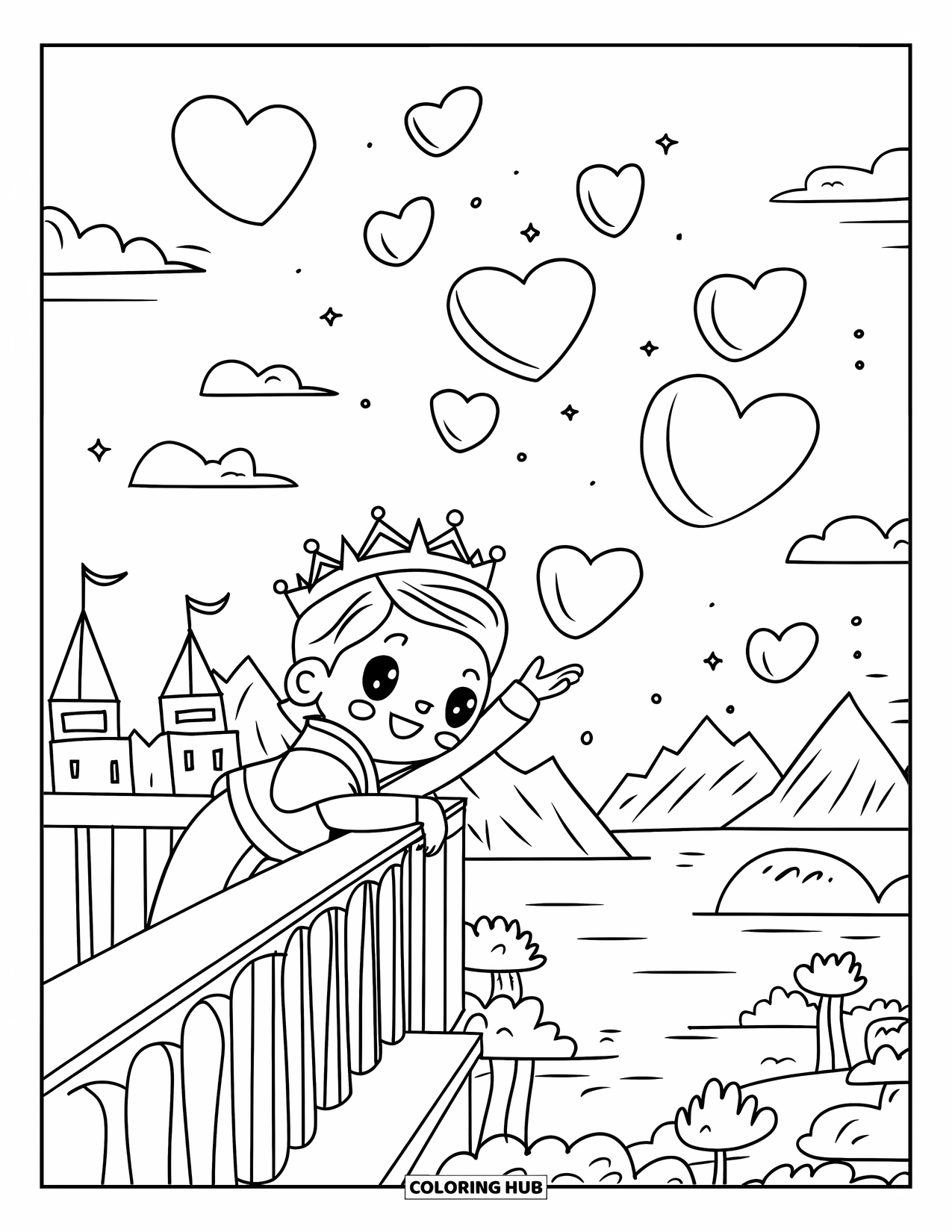 Prince Coloring Page for Adults: A prince releases glowing heart lanterns from a castle balcony