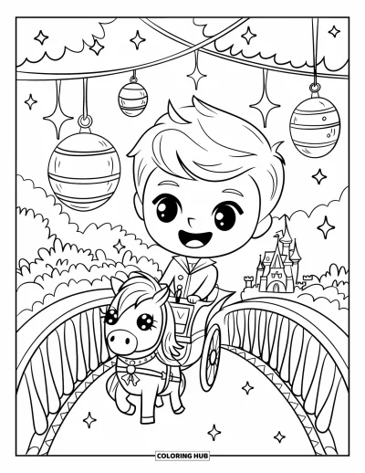 Coloriage de prince pour adultes : Un prince conduit un attelage de poney sur un pont avec des lanternes et des étincelles