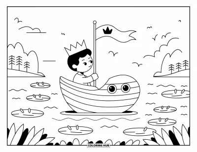 Coloriage de prince pour adultes : Un prince fait naviguer un jouet de bateau avec un drapeau couronné près de montagnes et d'arbres