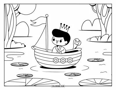 Coloriage de prince pour adultes : Un prince fait naviguer un jouet de bateau avec un drapeau couronné entouré de nénuphars