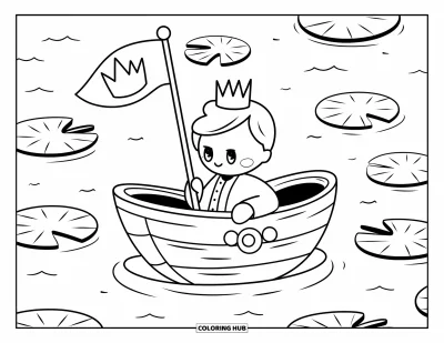 Coloriage de prince pour adultes : Un prince fait naviguer un jouet de bateau avec un drapeau en forme de couronne parmi les nénuphars