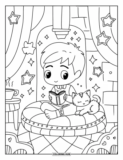 Coloriage de prince pour adultes : Un prince est assis avec un livre et du thé pendant qu'un chaton sommeille à ses côtés