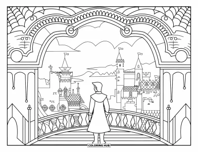 Coloriage de prince pour adultes : Un prince se tient sur un pont surplombant un vaste royaume de tours et de toits