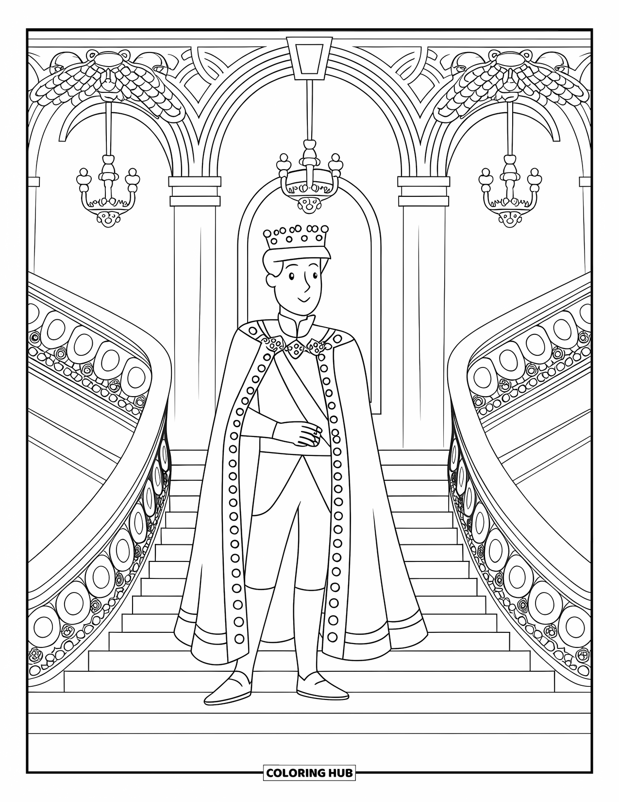 Prince Coloring Page for Adults: A prince stands on a grand staircase beneath chandeliers and ornate railings