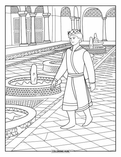 Coloriage de prince pour adultes : Un prince se promène dans la cour d'un palais avec des arches, des colonnes et des fontaines