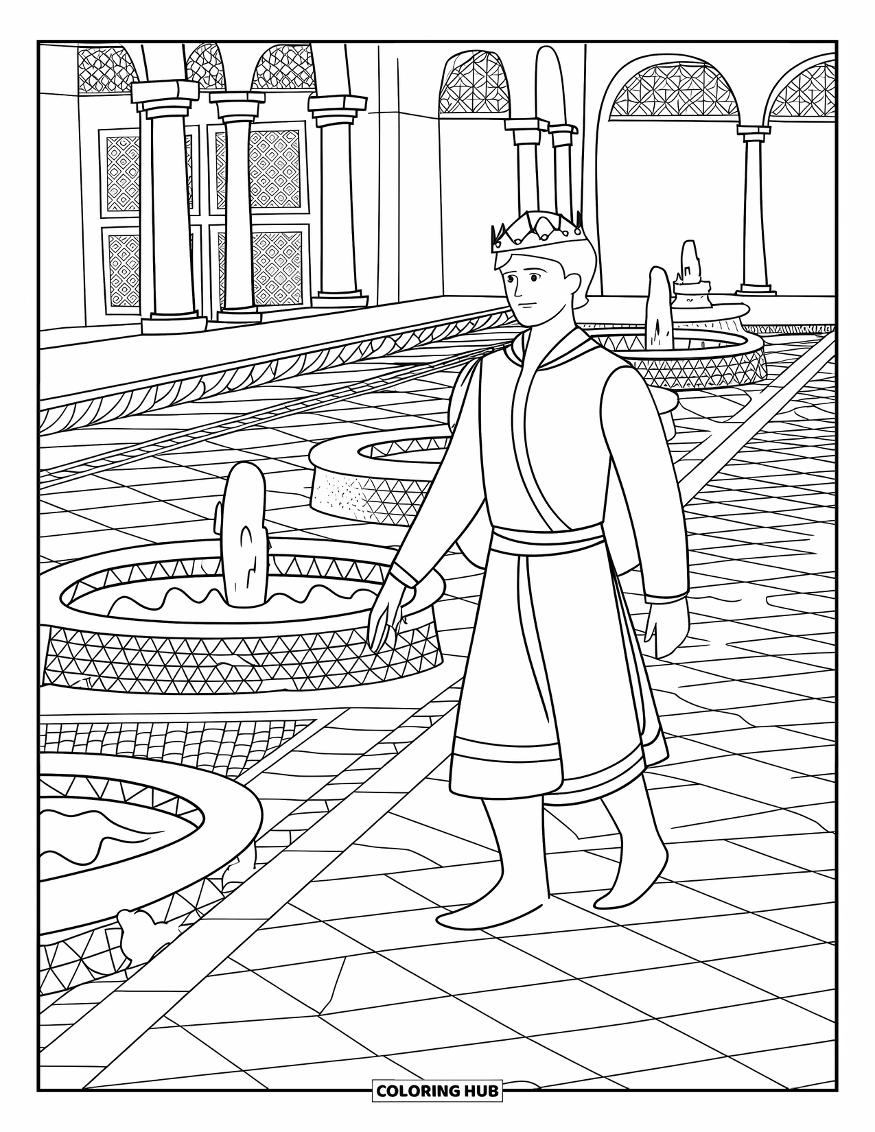 Prince Coloring Page for Adults: A prince walks in a palace courtyard with arches, columns, and fountains