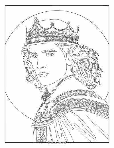 Coloriage de prince pour adultes : Le visage d'un prince révèle une couronne ornée de joyaux et une cape brodée flottante