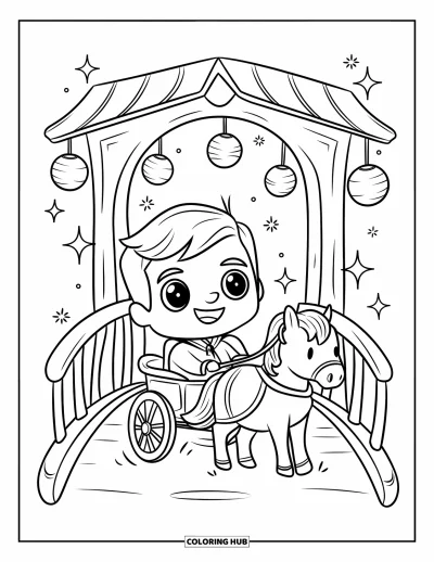 Coloriage de prince pour adultes : Un prince souriant conduit un attelage de poney sur un pont illuminé de lanternes