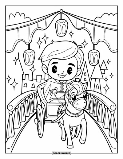 Coloriage de prince pour adultes : Un prince souriant conduit un petit attelage de poney sur un pont de conte de fées
