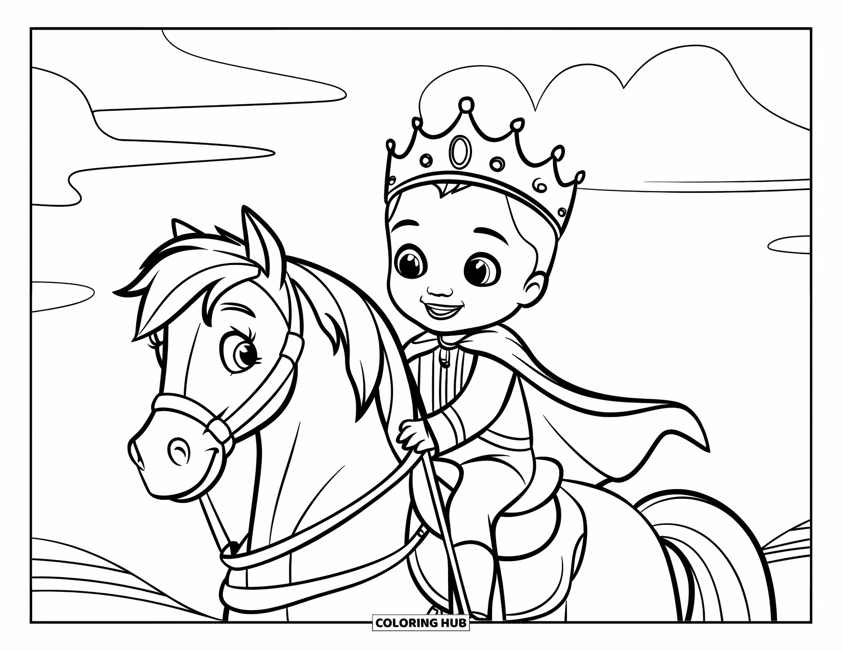 Prince Coloring Page for Kids: A baby-faced prince rides a large hobby horse under a clear sky