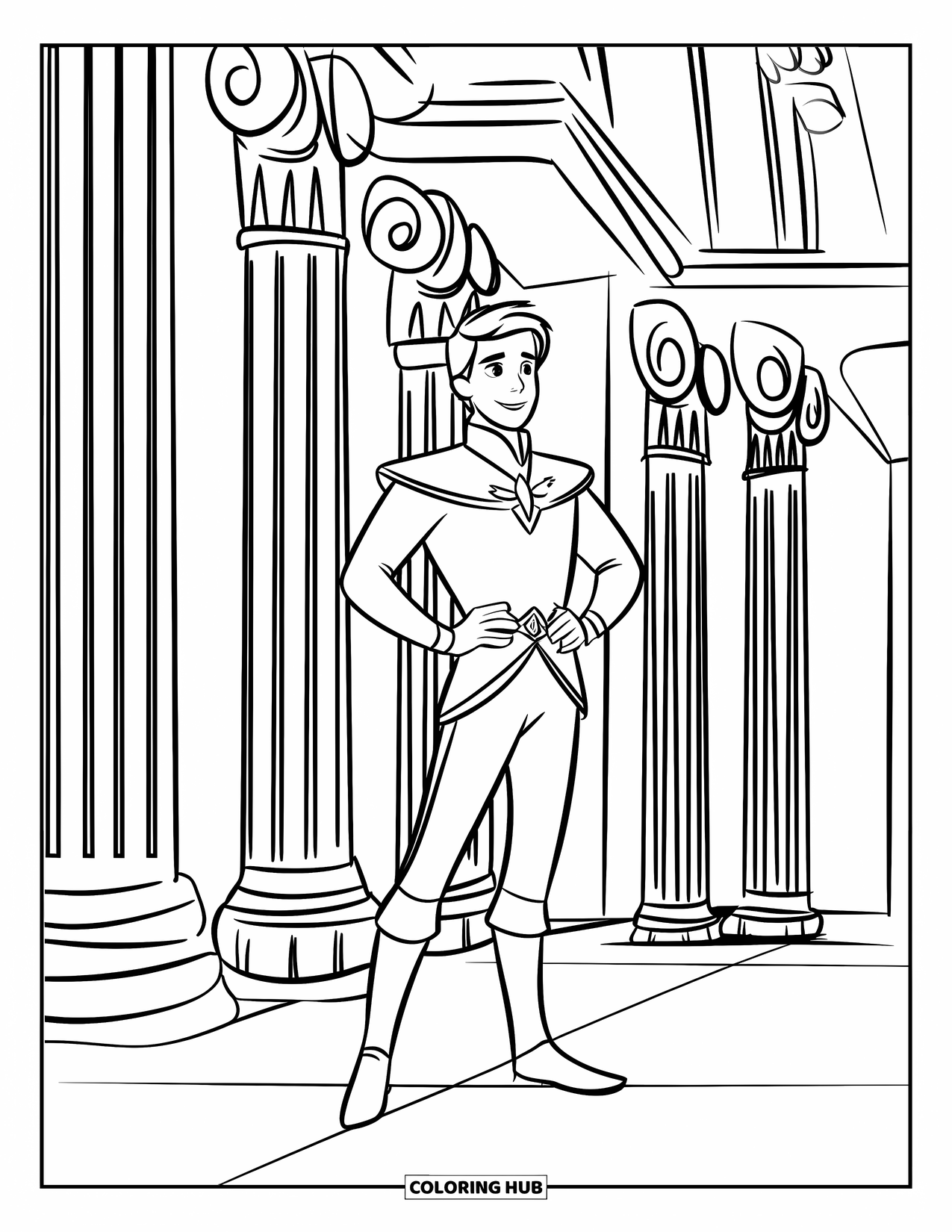 Prince Coloring Page for Kids: A confident prince stands in a columned hallway with intricate designs