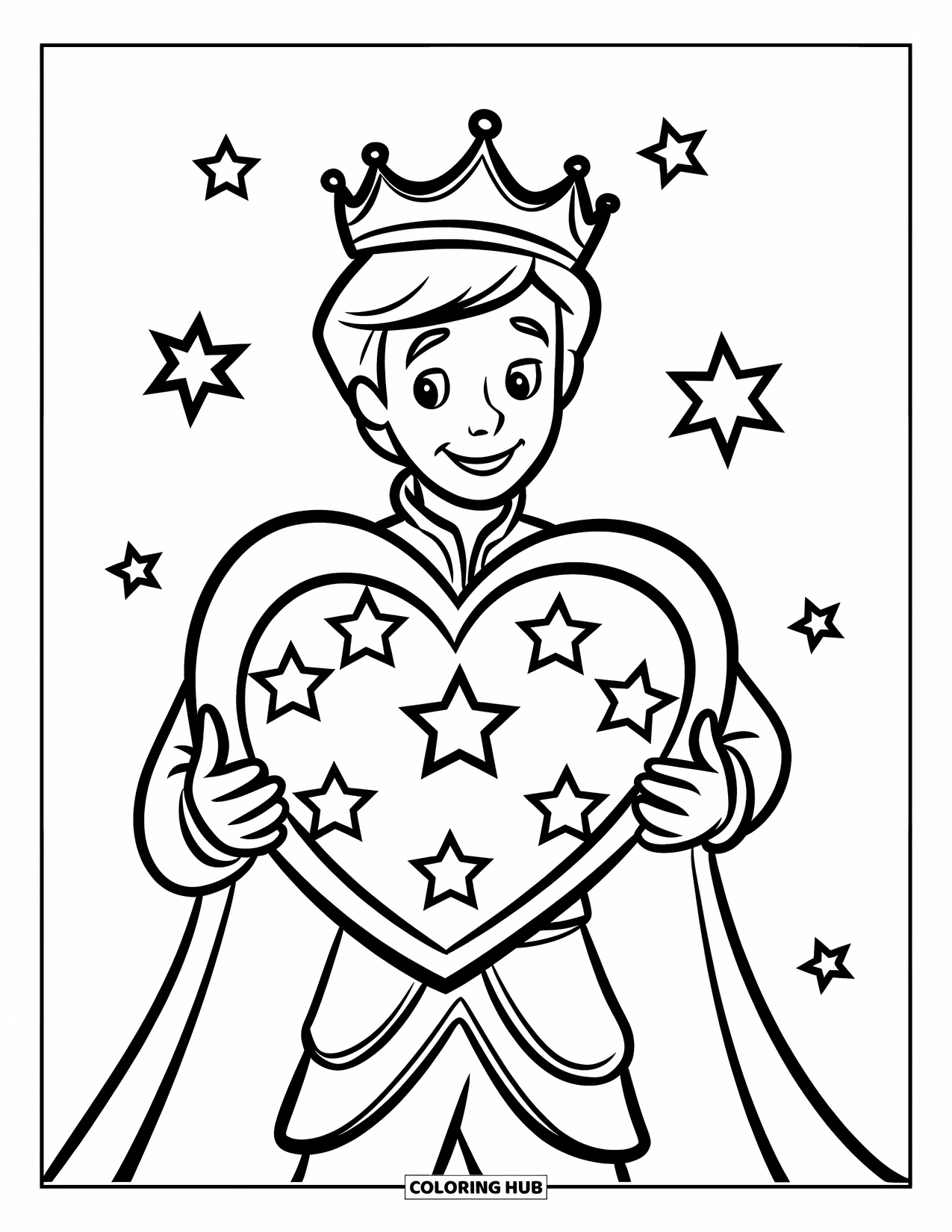 Prince Coloring Page for Kids: A crowned prince holds a heart with stars around him