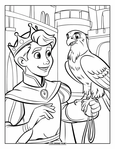 Coloriage de prince pour enfants : Un prince couronné caresse un faucon devant les tours d'un château