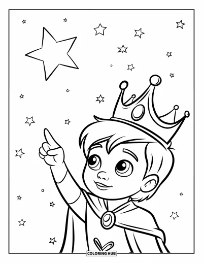 Coloriage de prince pour enfants : Un prince couronné pointe une étoile brillante dans le ciel nocturne