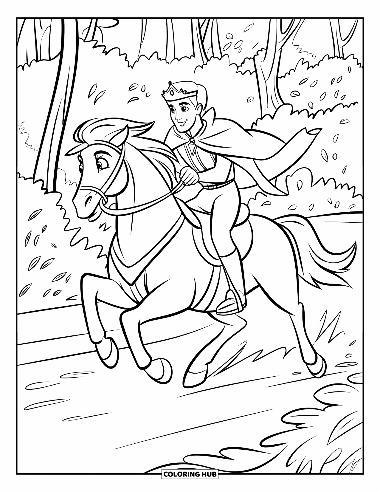 Prince Coloring Page for Kids: A crowned prince rides a galloping horse along a forest path