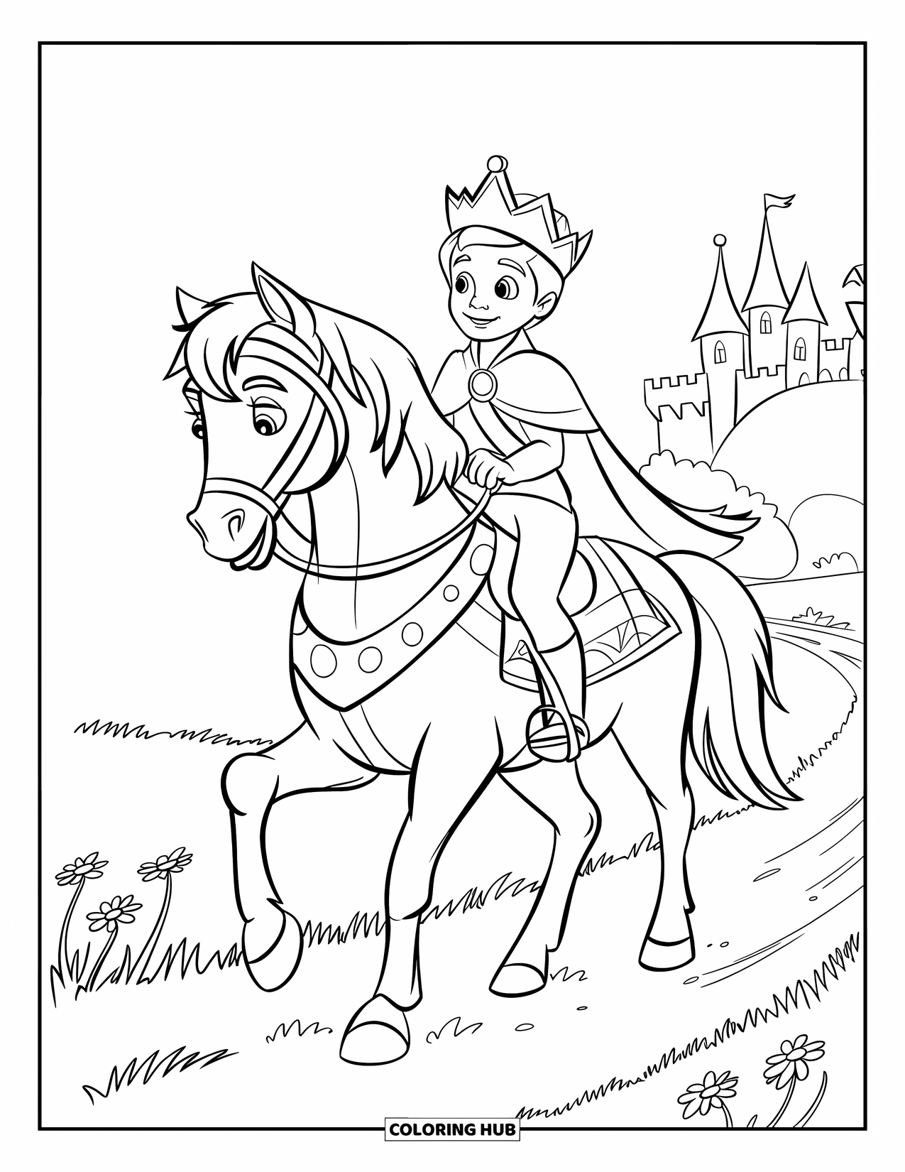 Prince Coloring Page for Kids: A crowned prince rides a horse through a meadow near a castle