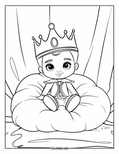 Coloriage de prince pour enfants : Un prince couronné est assis sur un grand coussin en tenue royale