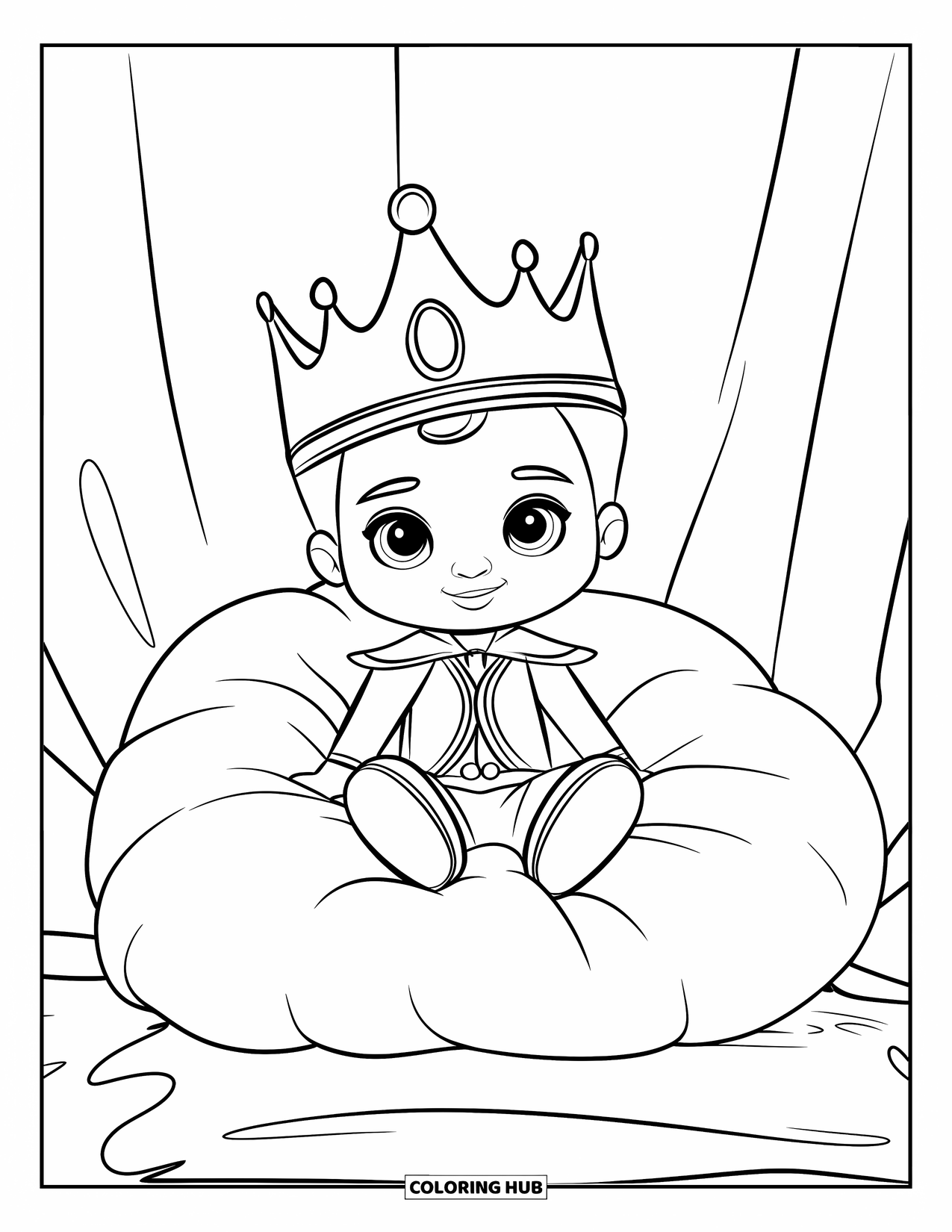 Prince Coloring Page for Kids: A crowned prince sits on a large cushion in royal attire